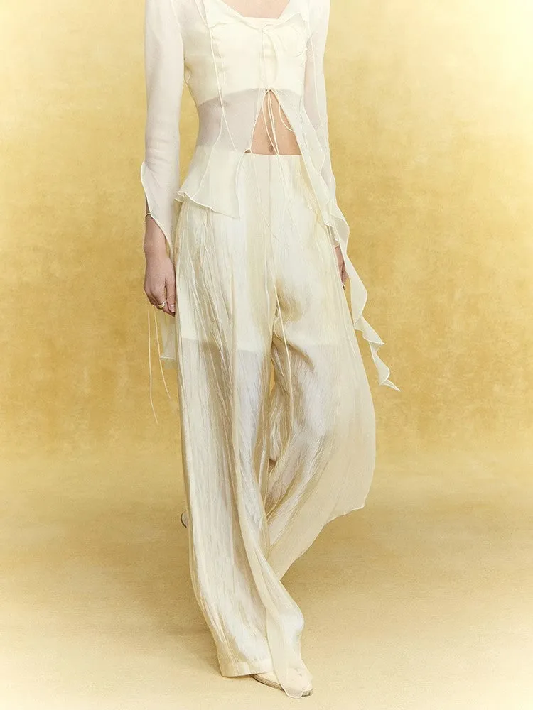 Wrinkled Sheer Frill Asymmetry Straight Wide-Pants