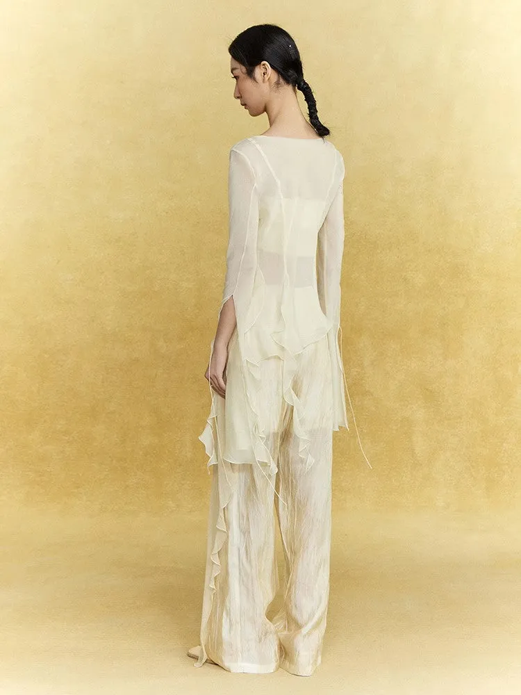 Wrinkled Sheer Frill Asymmetry Straight Wide-Pants