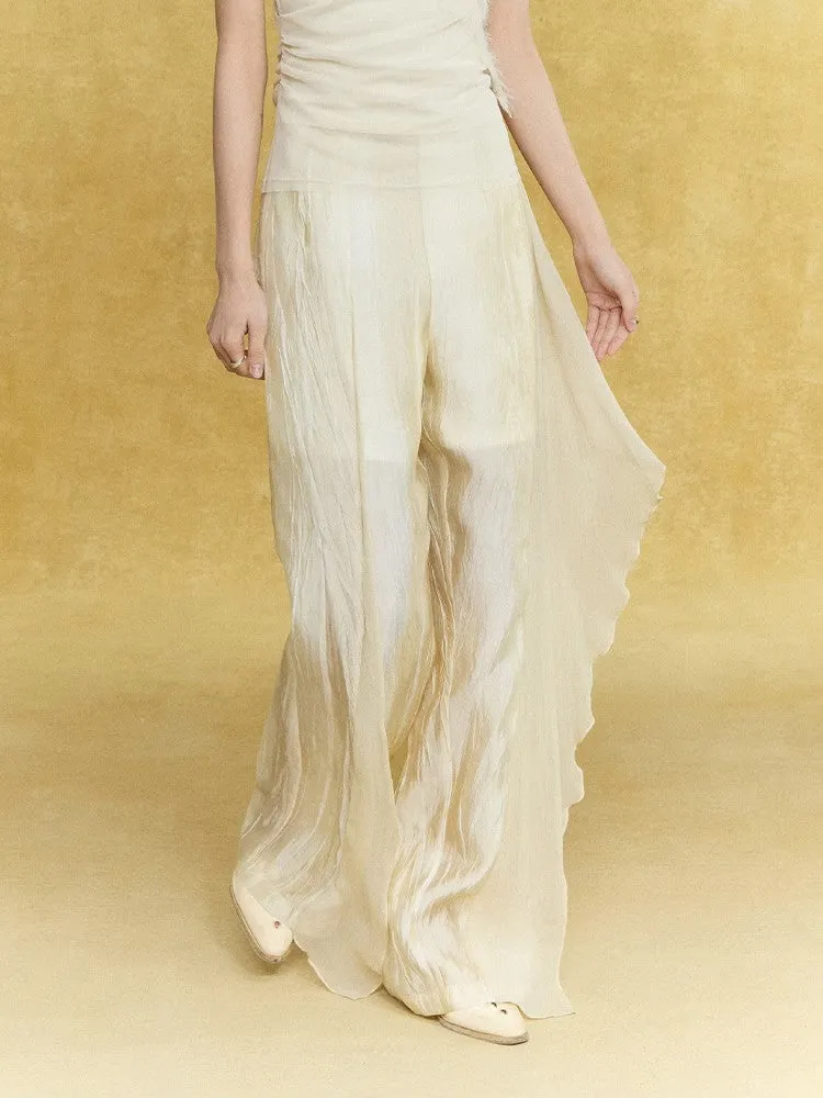 Wrinkled Sheer Frill Asymmetry Straight Wide-Pants