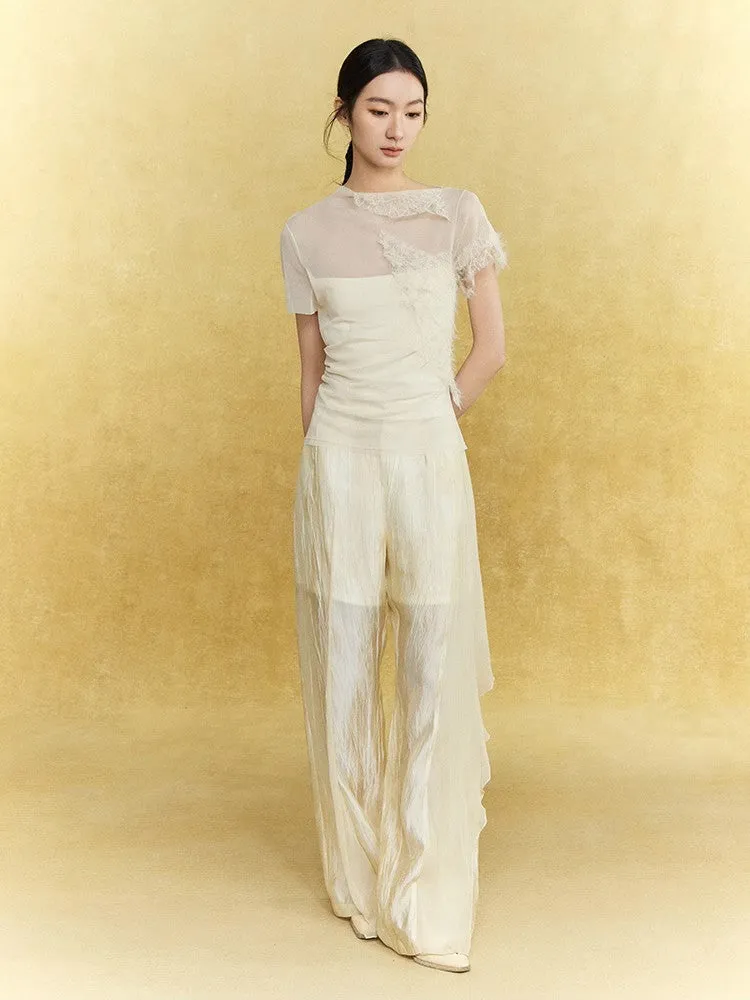 Wrinkled Sheer Frill Asymmetry Straight Wide-Pants