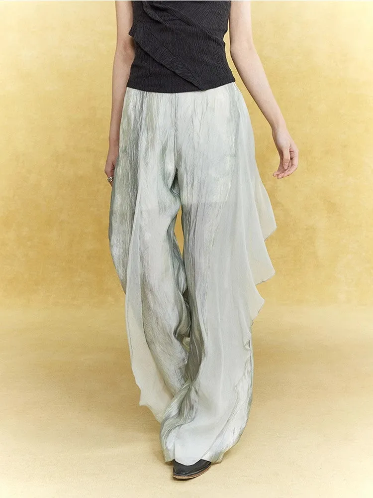 Wrinkled Sheer Frill Asymmetry Straight Wide-Pants