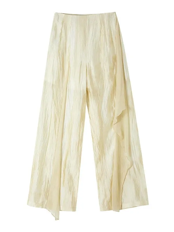 Wrinkled Sheer Frill Asymmetry Straight Wide-Pants