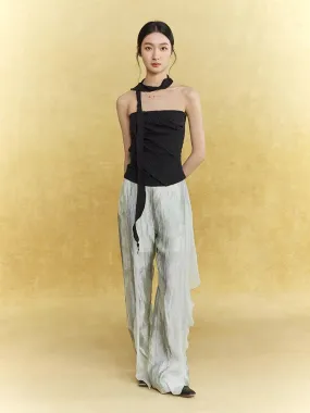 Wrinkled Sheer Frill Asymmetry Straight Wide-Pants