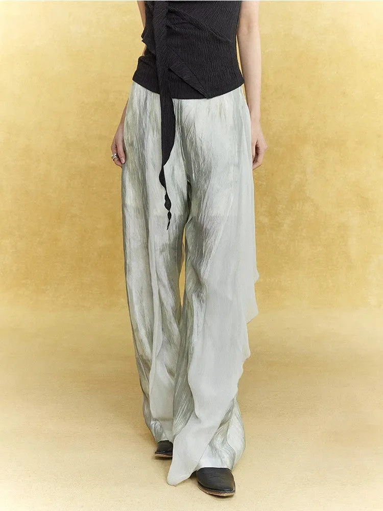 Wrinkled Sheer Frill Asymmetry Straight Wide-Pants