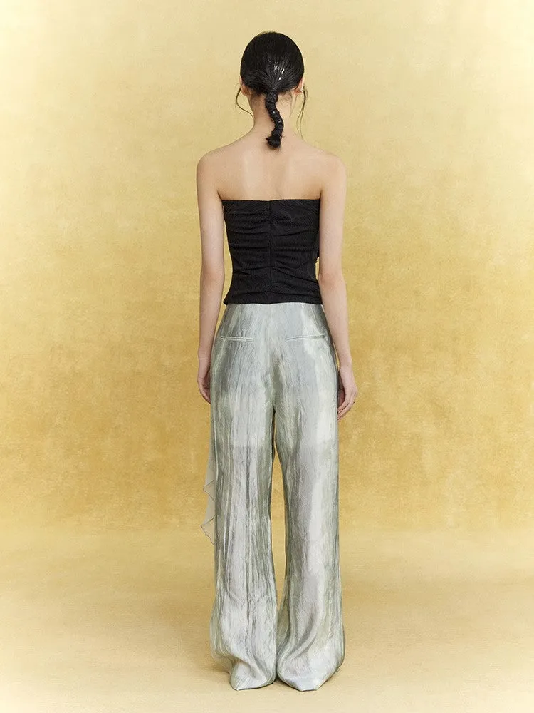 Wrinkled Sheer Frill Asymmetry Straight Wide-Pants