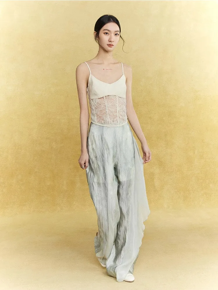 Wrinkled Sheer Frill Asymmetry Straight Wide-Pants