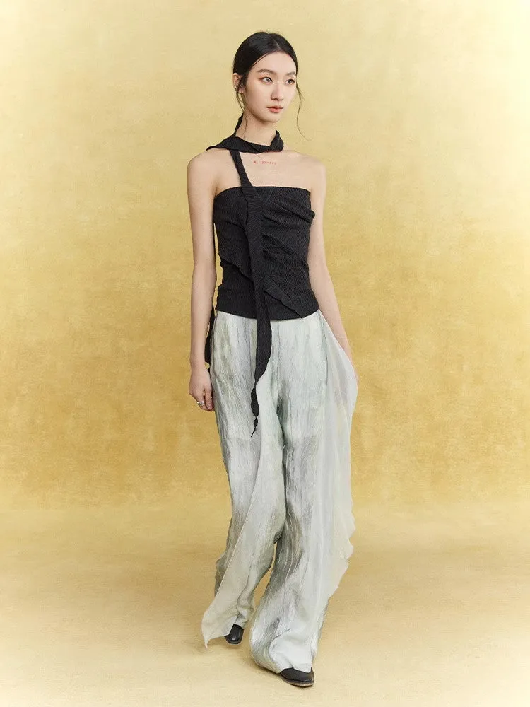 Wrinkled Sheer Frill Asymmetry Straight Wide-Pants