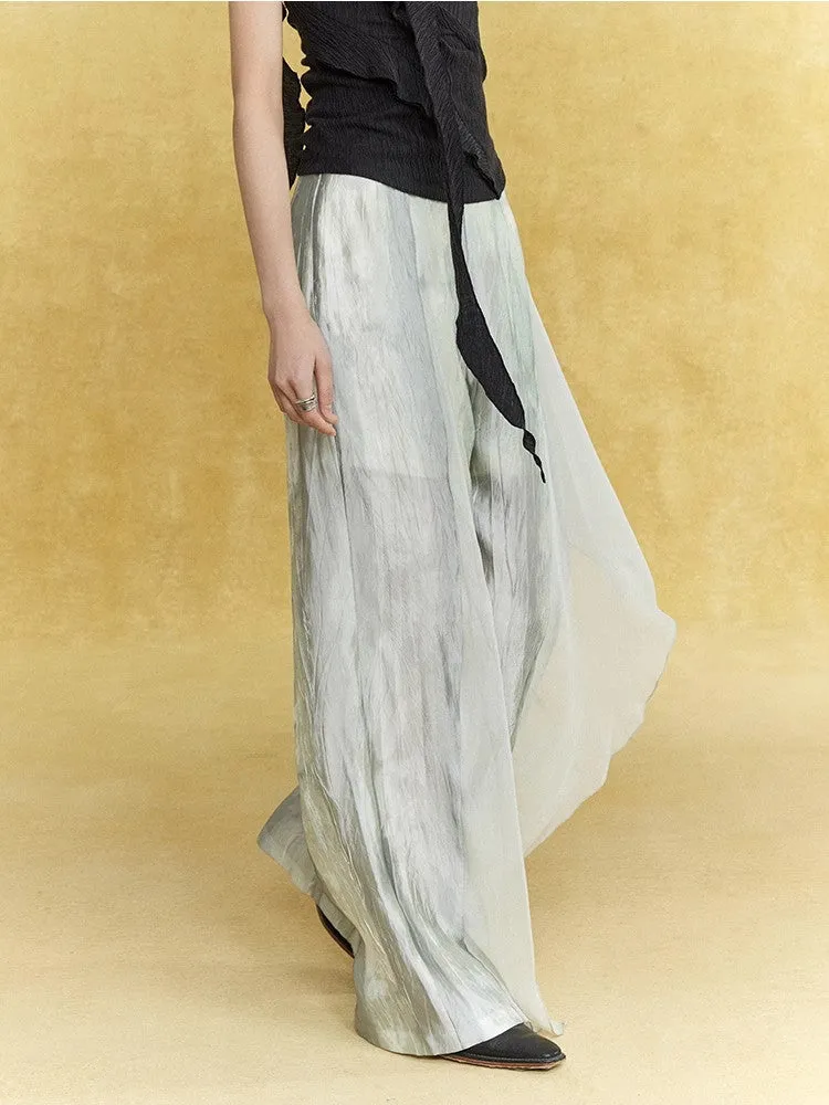 Wrinkled Sheer Frill Asymmetry Straight Wide-Pants